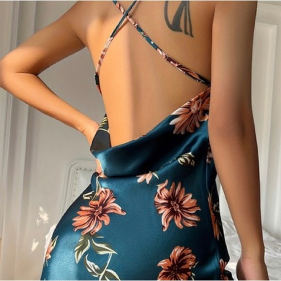 Silk Floral Turquoise Slip Dress - Picture 2 of 3